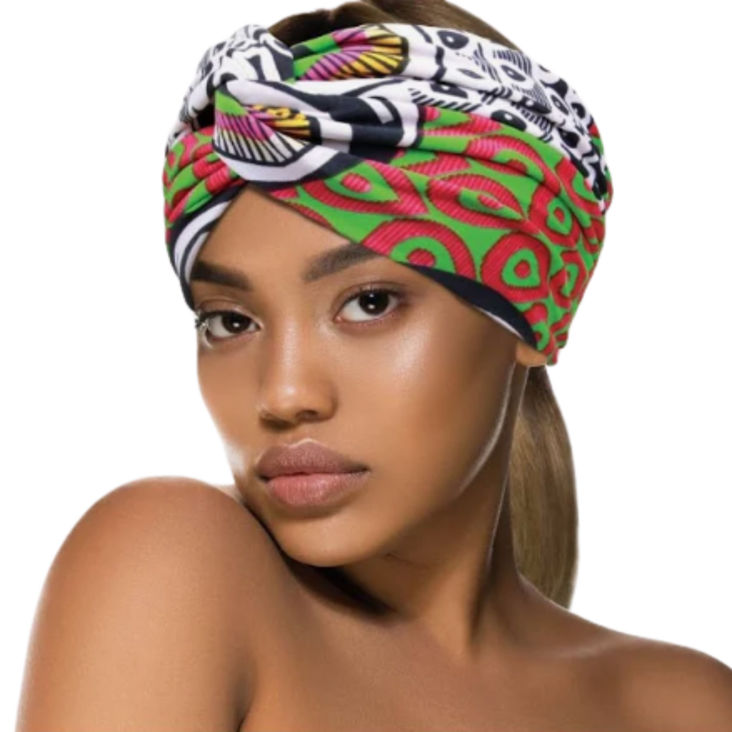Donna Fashion Headwrap #82136 shown tied in a turban style on a model's head