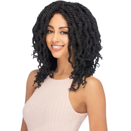 Model wearing Vivica Fox Collection Kinky Bulk Human Hair in 99J burgundy shade for a natural, voluminous style