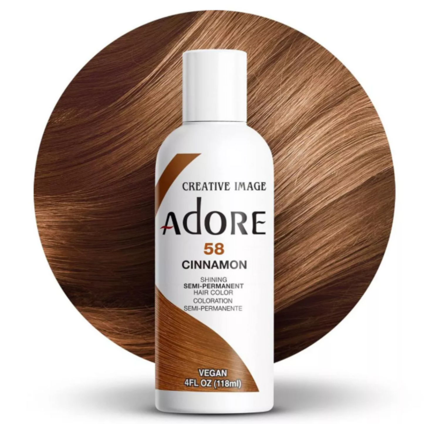 Adore 58 cinnamon 4oz semi-permanent hair dye product bottle
