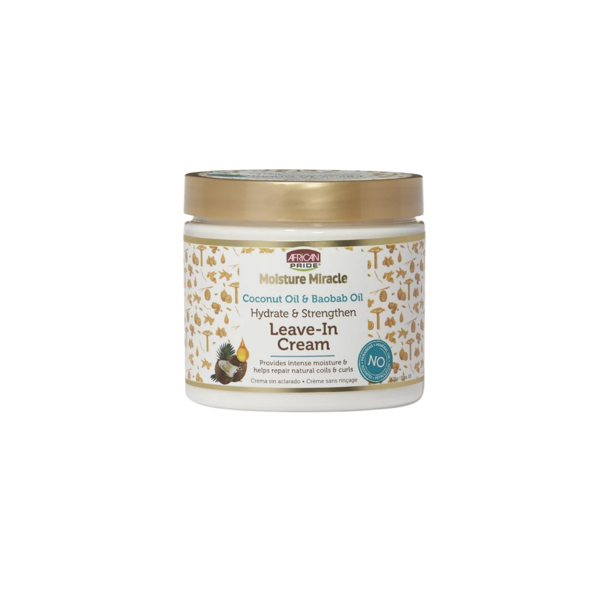 African Pride Moisture Miracle Leave-In 15 oz conditioning cream jar with Coconut Oil and Baobab Oil