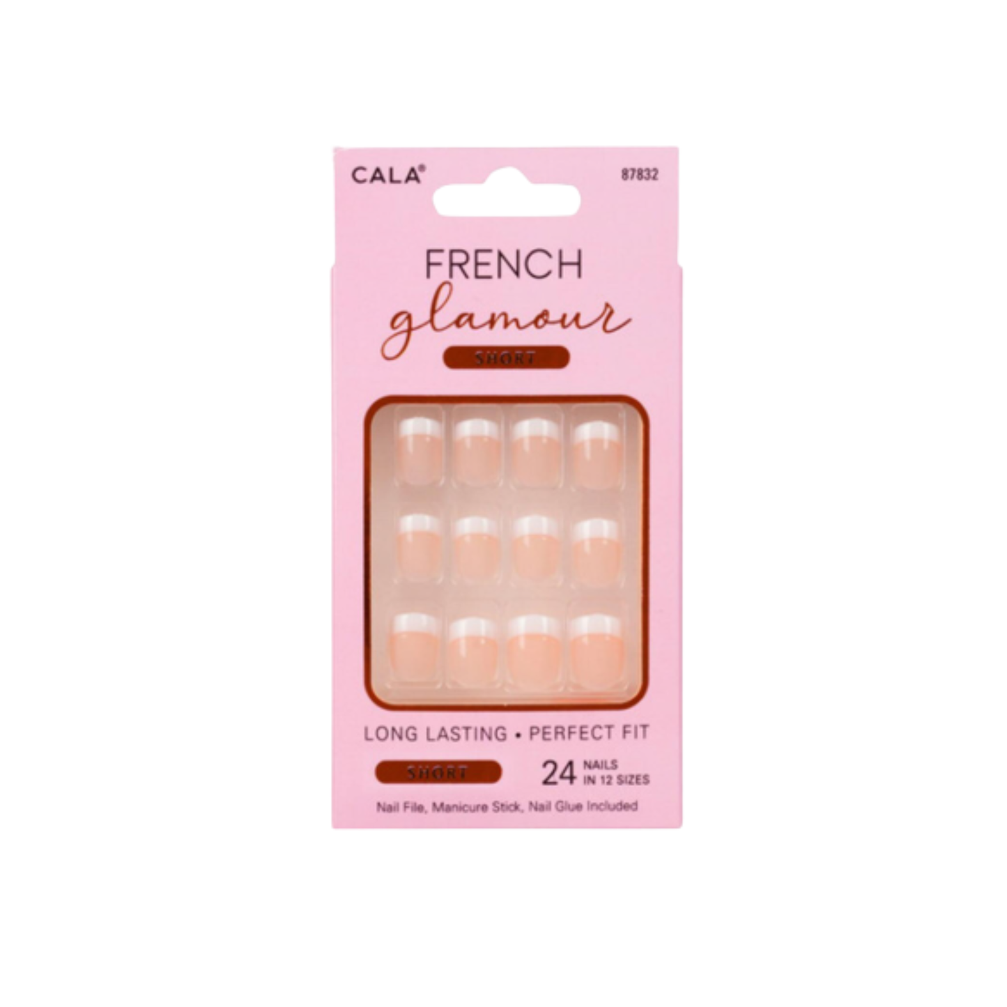 Cala Short French Glamour 24 piece press-on nail kit with classic French manicure design