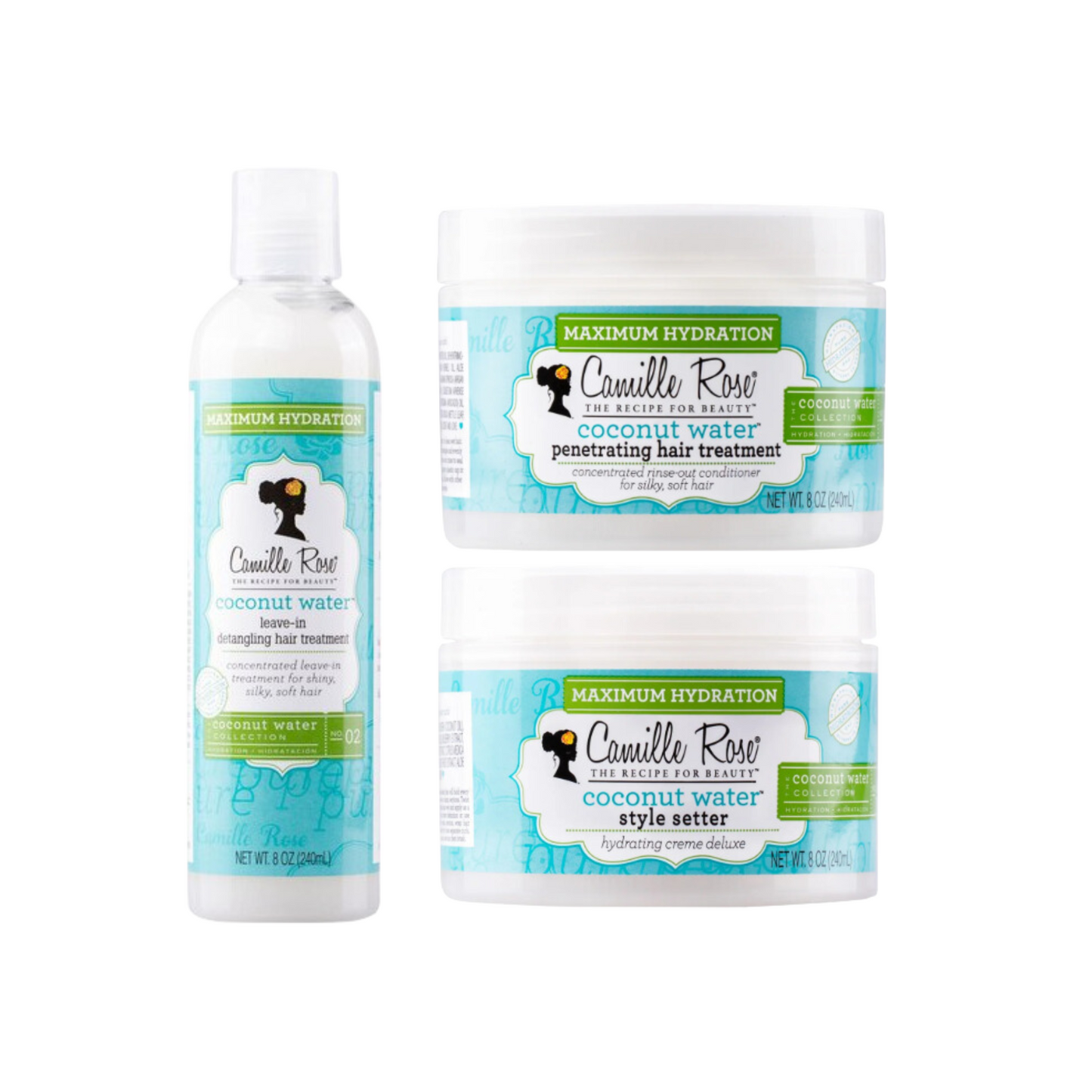 Camille Rose Coconut Water Hydration Bundle – Includes Style Setter, Penetrating Hair Treatment, and Curl Conditioner for deep hydration and curl definition.
