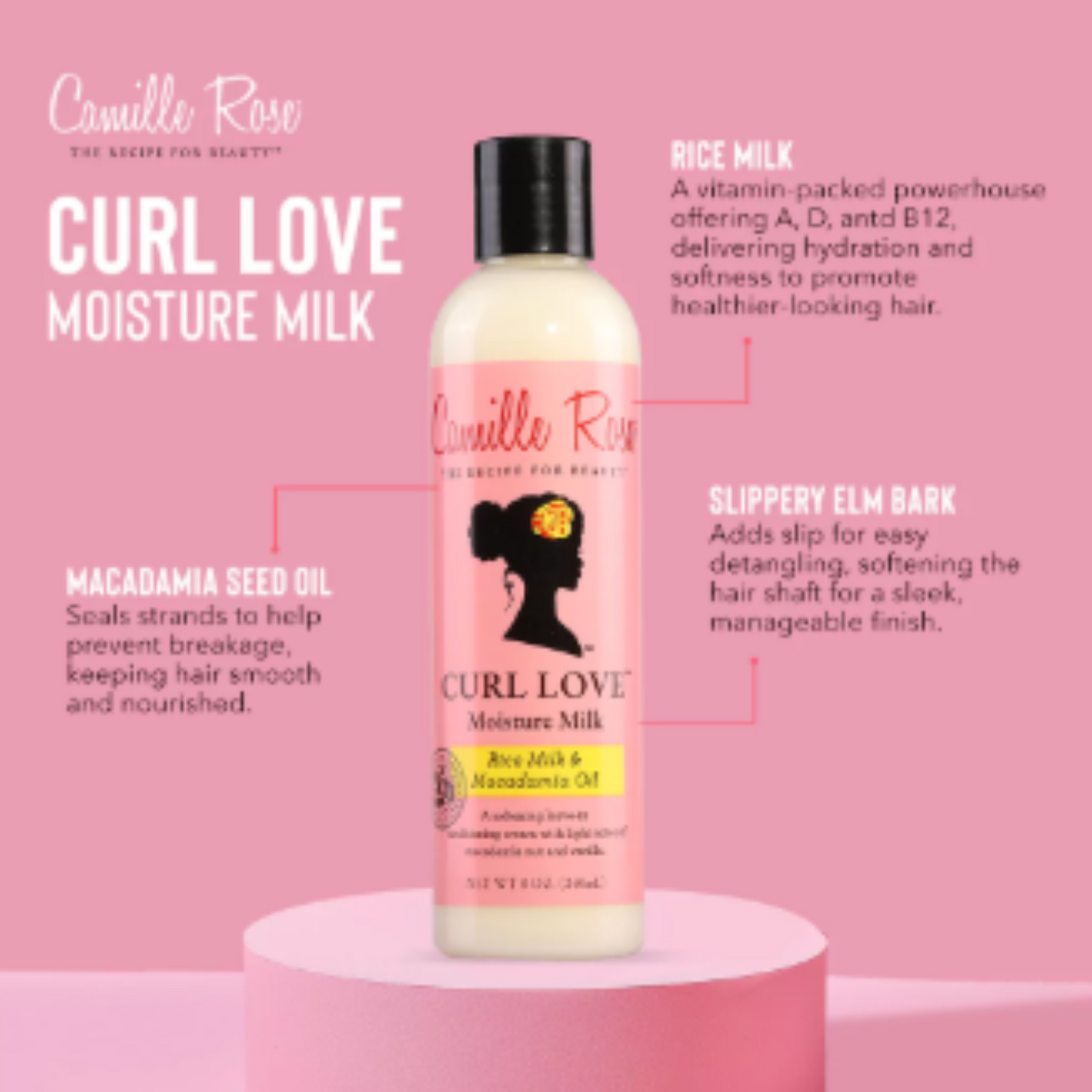 Camille Rose Curl Love Moisture Milk – A lightweight leave-in conditioner enriched with rice milk and macadamia oil for soft, frizz-free curls with lasting hydration.