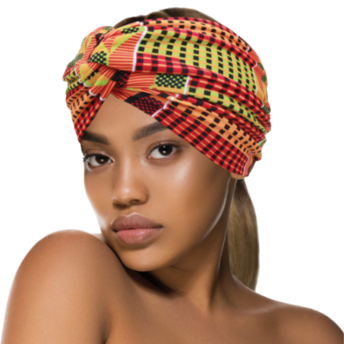 Donna Fashion Headwrap #82139 in soft, stretchy fabric styled on a model's head.