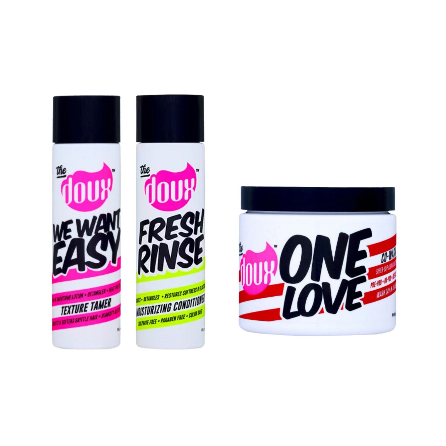 The Doux Easy Care Bundle – Includes We Want It Easy Texture Tamer, One Love Cowash, and Fresh Rinse Moisturizing Conditioner for effortless cleansing and hydration.