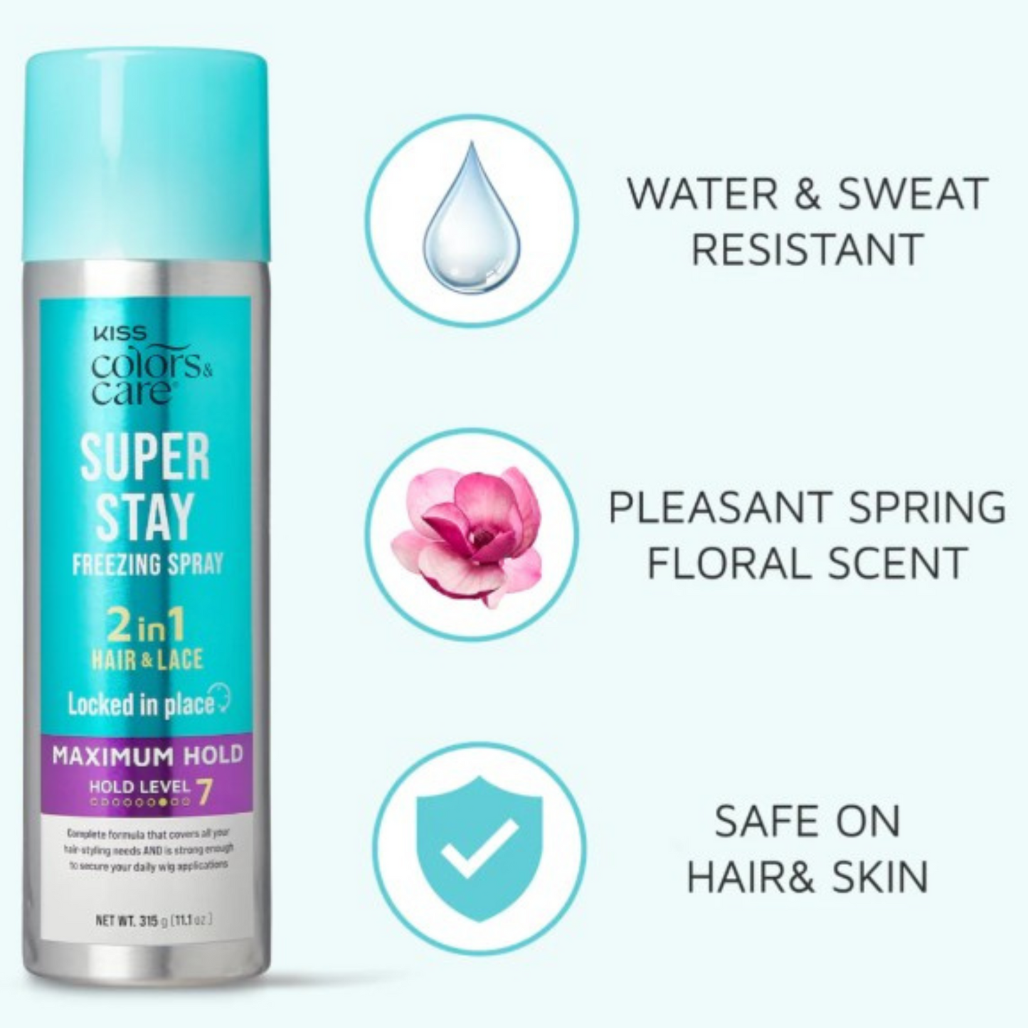 Kiss Colors & Care 2-in-1 Freezing Spray Maximum Hold 11oz – Strong hold, fast-drying, humidity-resistant hair spray for styling and lace wigs.