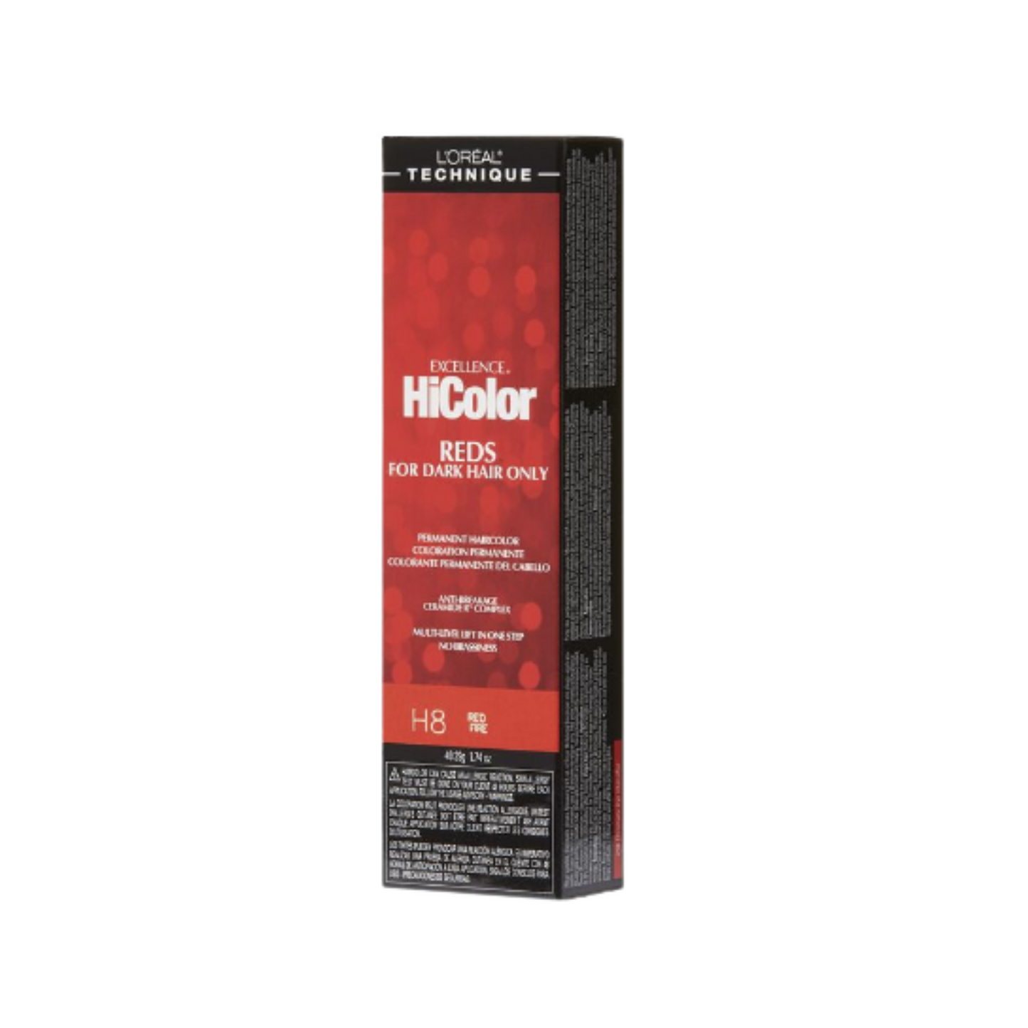 L'Oreal HiColor Red Fire H8 for vibrant, fiery red results on dark hair.
