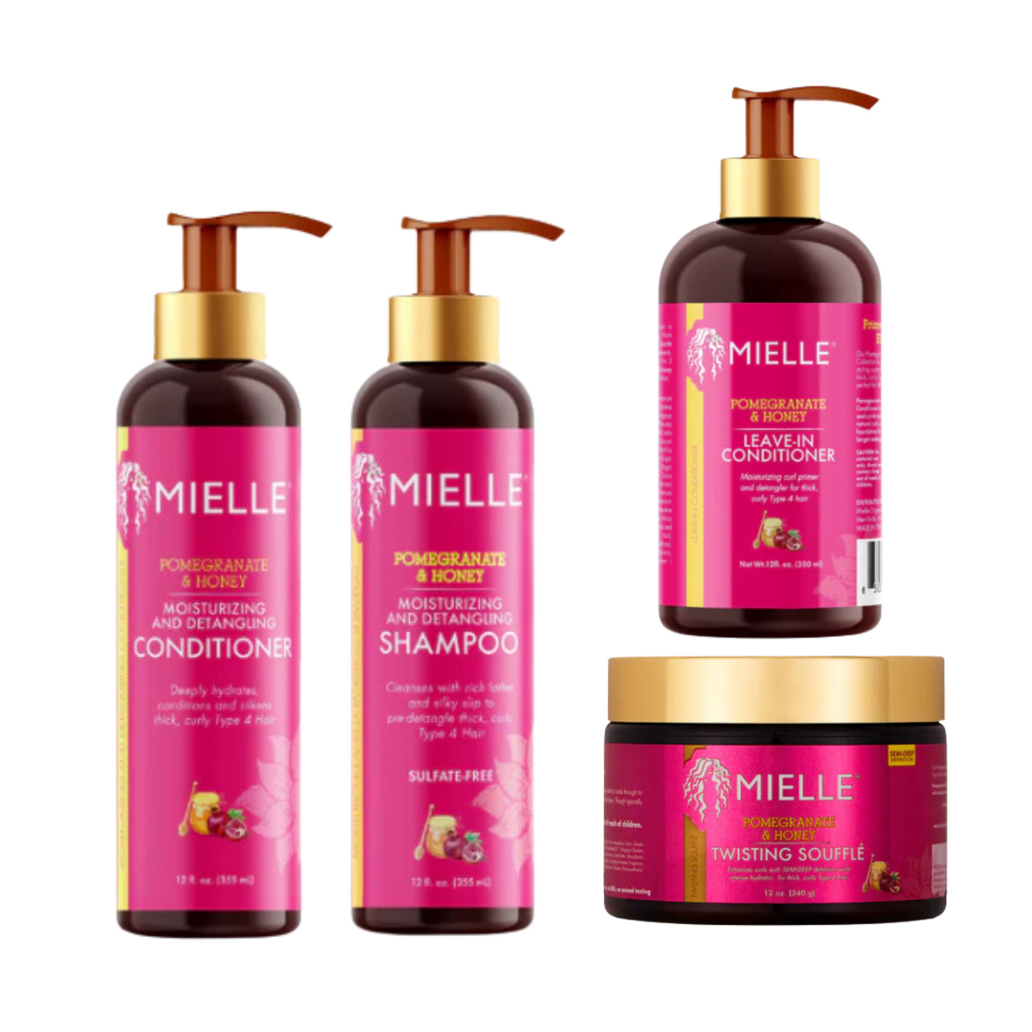 Mielle Pomegranate & Honey Curl Enhancing Bundle – Includes Shampoo, Conditioner, Leave-In Conditioner, and Twisting Soufflé for hydrated, defined curls.