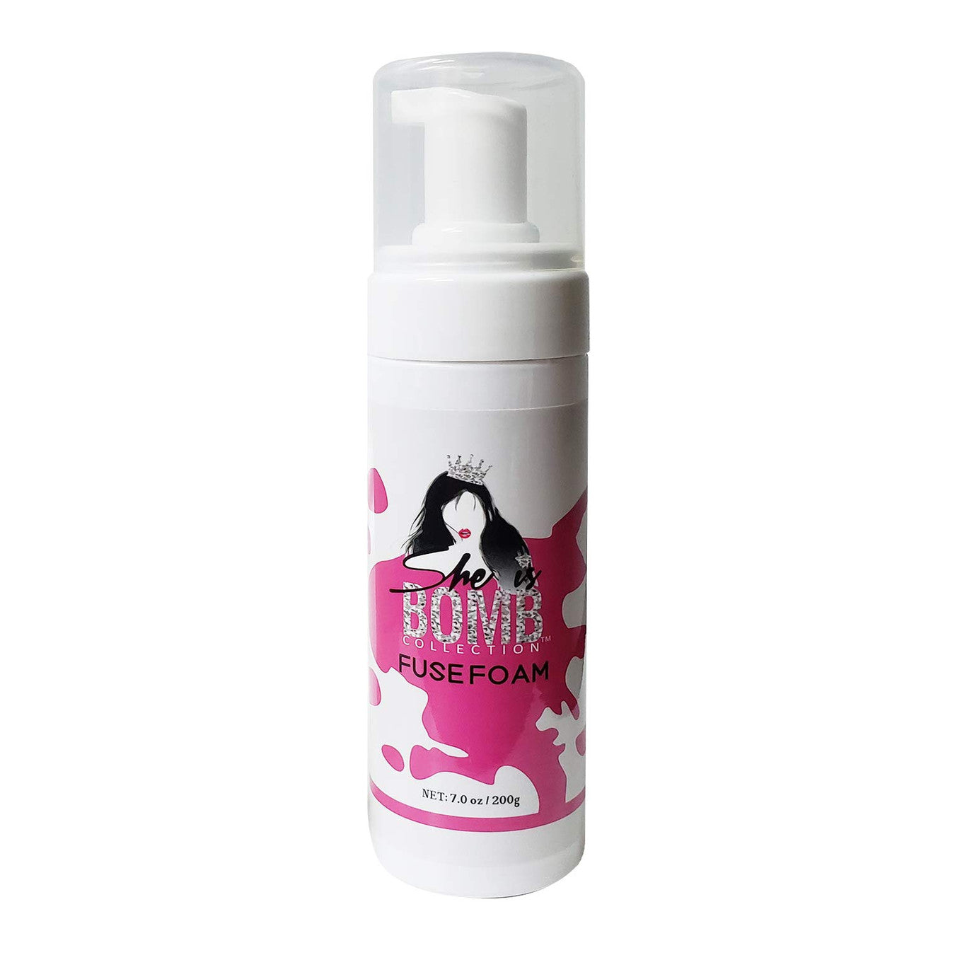 She Is Bomb Fuse Foam 7 oz styling foam for firm hold and frizz control.