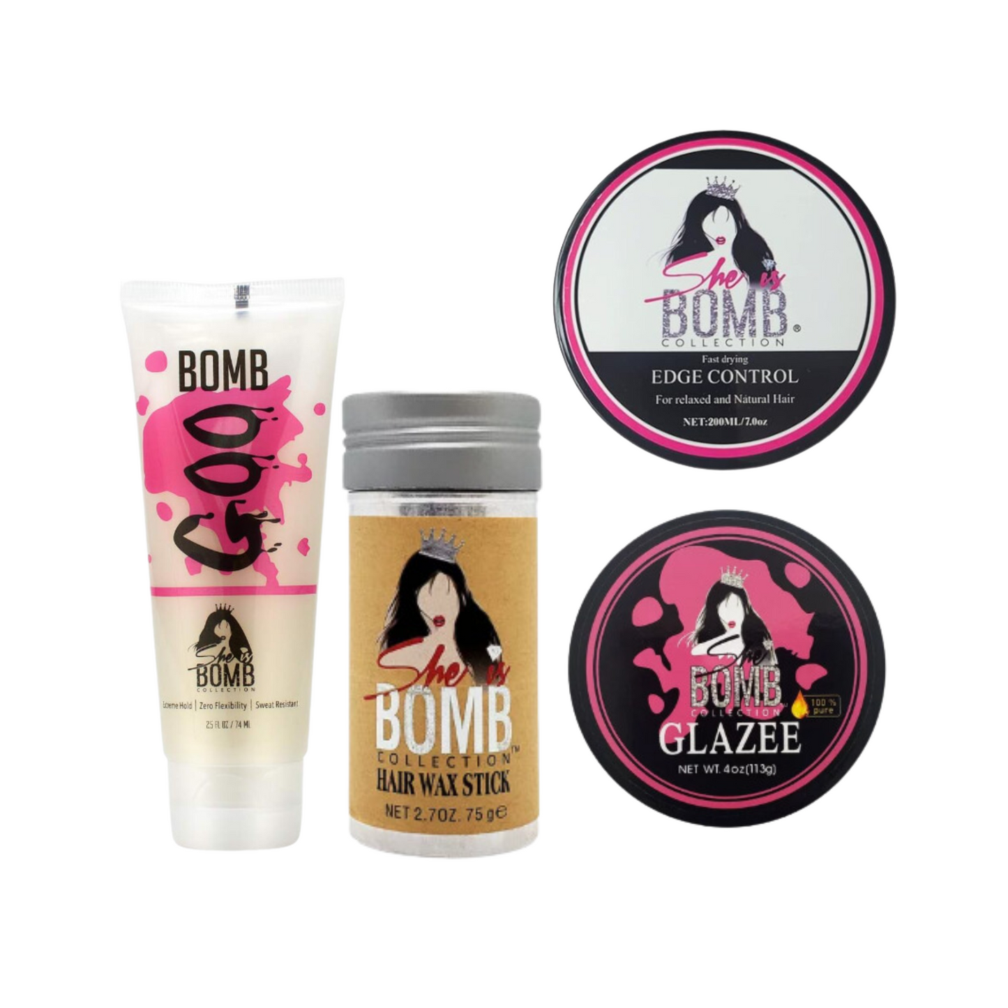 She Is Bomb Ultimate Styling Bundle – Includes Wax Stick, Edge Control, Glazee, and Goo Gel for sleek edges, sculpted styles, and a glossy finish.