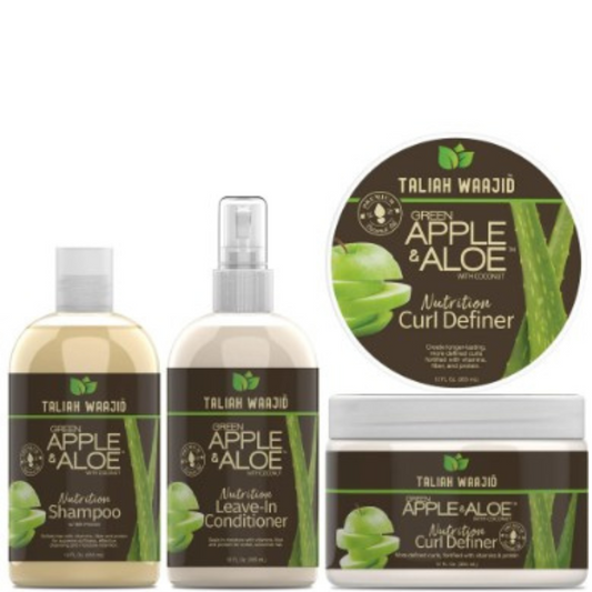 Taliah Waajid Green Apple & Aloe Hydration Bundle – Includes Nutrition Shampoo, Leave-In Conditioner, and Curl Definer for cleansing, moisturizing, and curl definition.