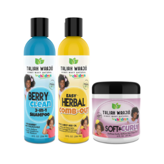 Taliah Waajid Kids Bundle – Includes Berry Clean 3-in-1 Shampoo, Easy Herbal Comb Out, and Soft & Curly for cleansing, detangling, and defining curls.