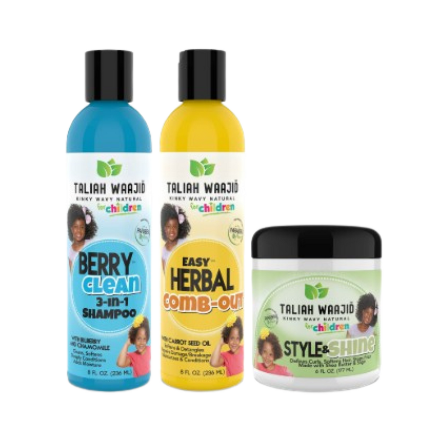 Taliah Waajid Kids Bundle – Includes Berry Clean 3-in-1 Shampoo, Easy Herbal Comb Out, and Style & Shine for cleansing, detangling, and adding moisture.