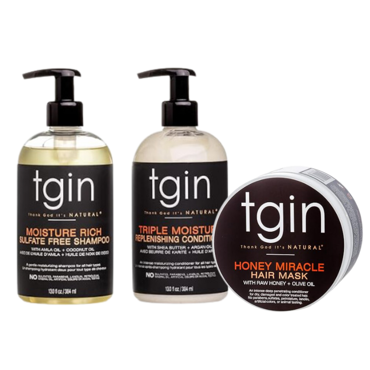 TGIN Moisture Rich Hydration Bundle – Includes Moisture Rich Sulfate-Free Shampoo, Triple Moisture Replenishing Conditioner, and Honey Miracle Hair Mask for deep hydration and repair.