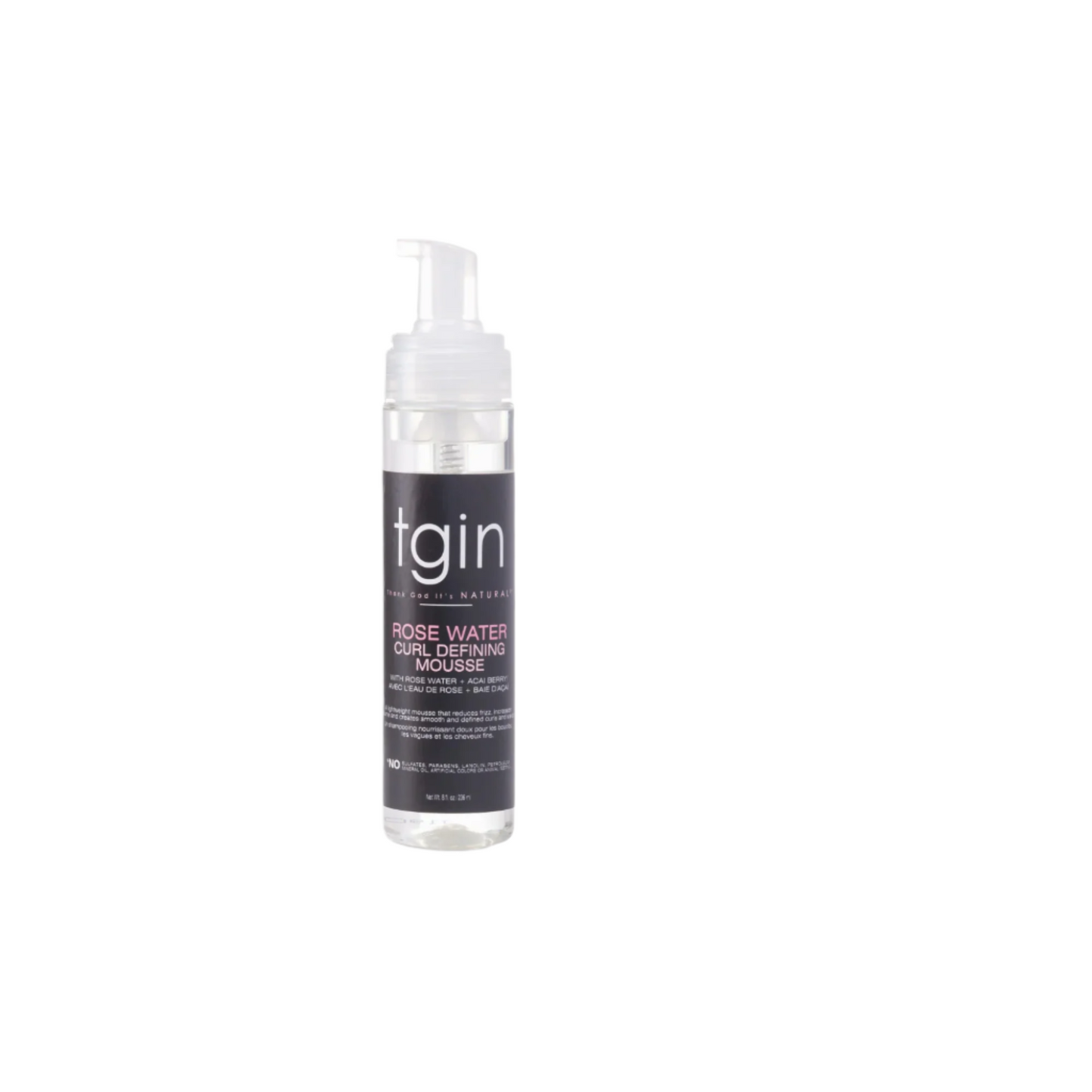 TGIN Rose Water Curl Mousse – A lightweight, non-sticky styling mousse infused with rose water and acai berry for soft, frizz-free curls with natural movement.