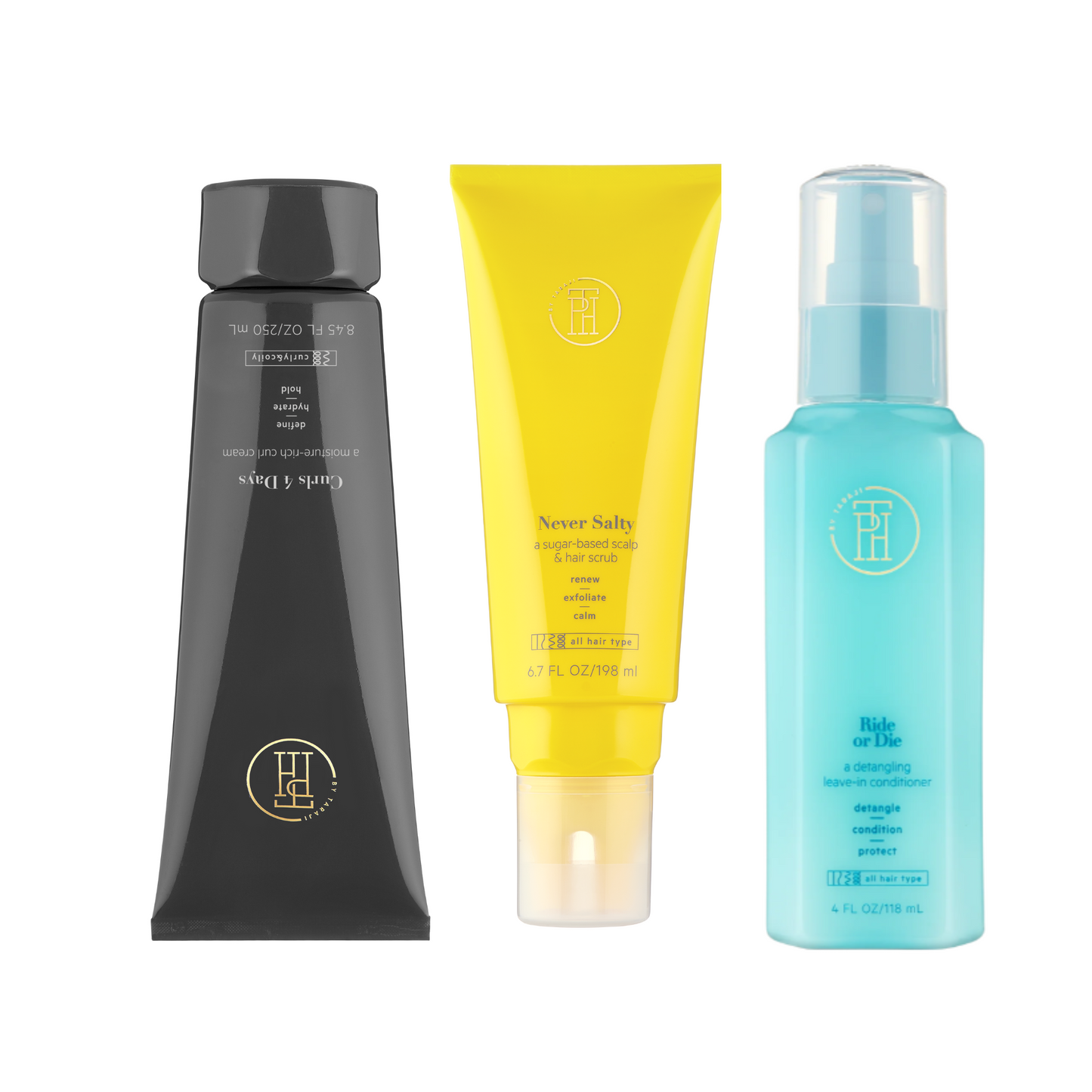 TPH by Taraji Ultimate Hydration & Definition Bundle – A complete haircare set featuring Curls 4 Days Curl Crème, Ride or Die Leave-In Conditioner, and Never Salty Scalp Scrub for hydration, definition, and scalp care.