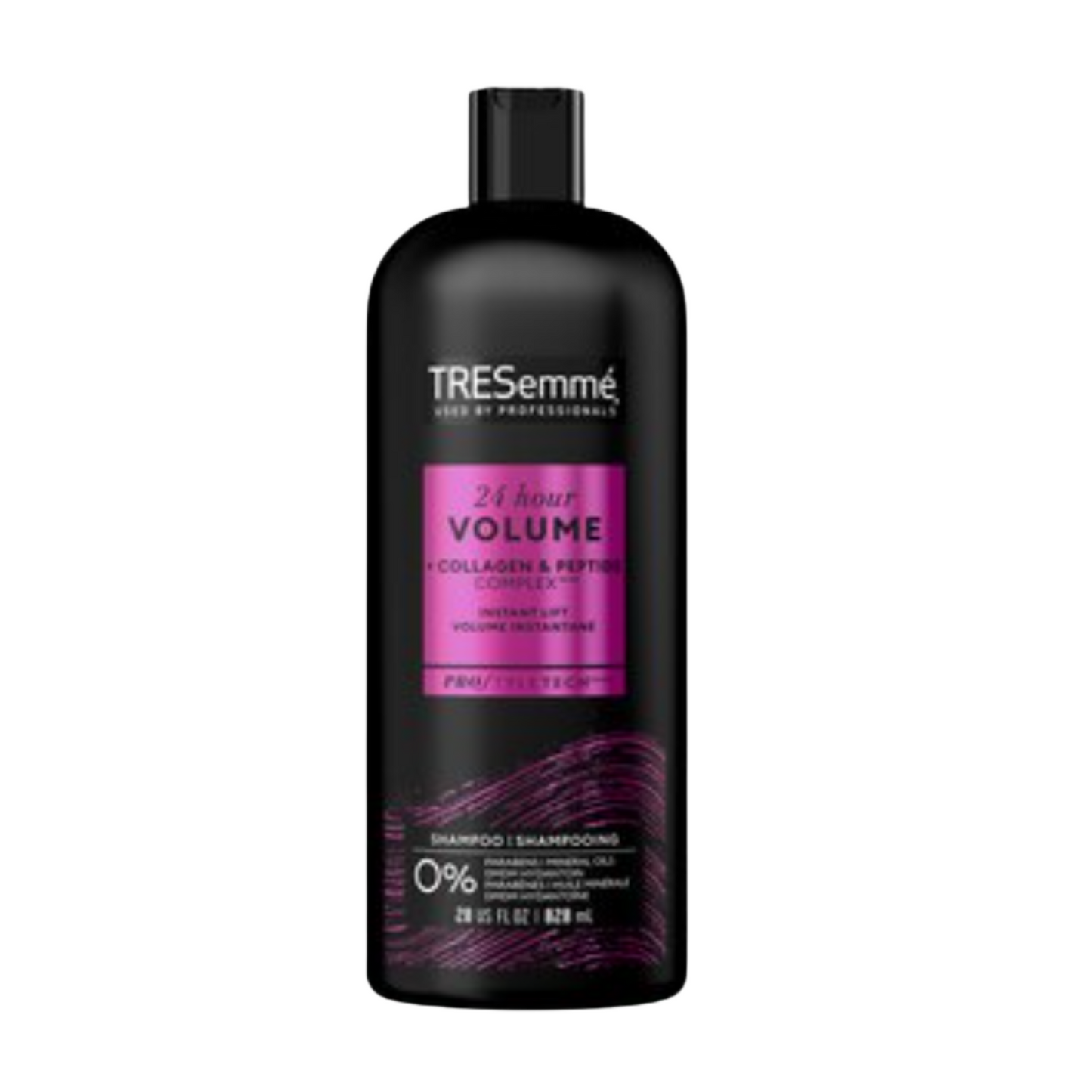 TRESemmé 24 Hour Volume Shampoo bottle with sleek black packaging, designed to boost fullness and body for up to 24 hours.