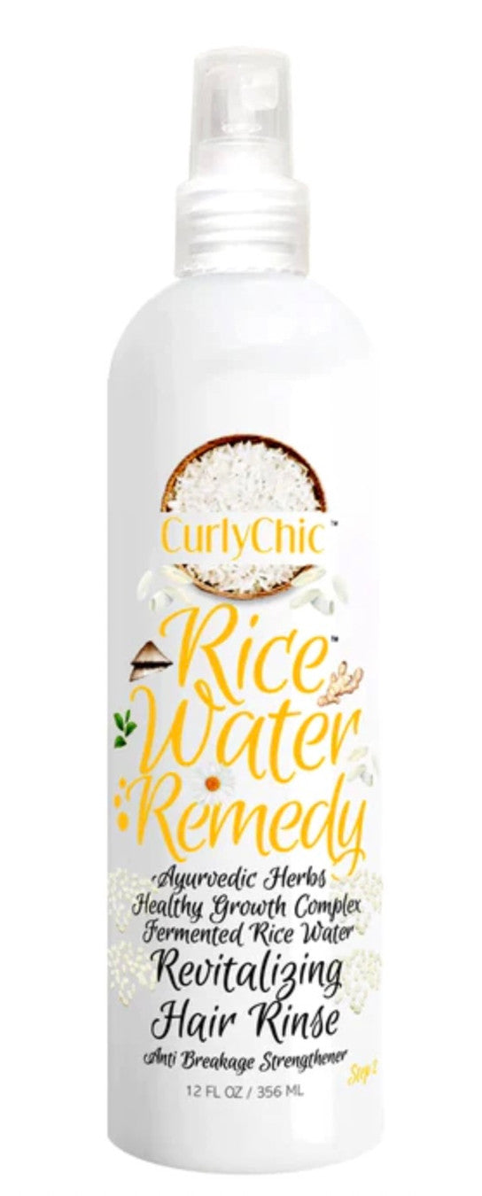 Bottle of CurlyChic Rice Water Rinse-Rinse with labeling detailing the product as a revitalizing hair rinse and listing its ingredients.