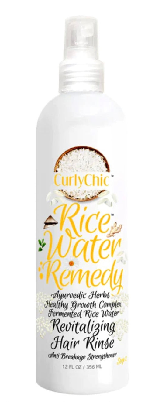 Bottle of CurlyChic Rice Water Rinse-Rinse with labeling detailing the product as a revitalizing hair rinse and listing its ingredients.