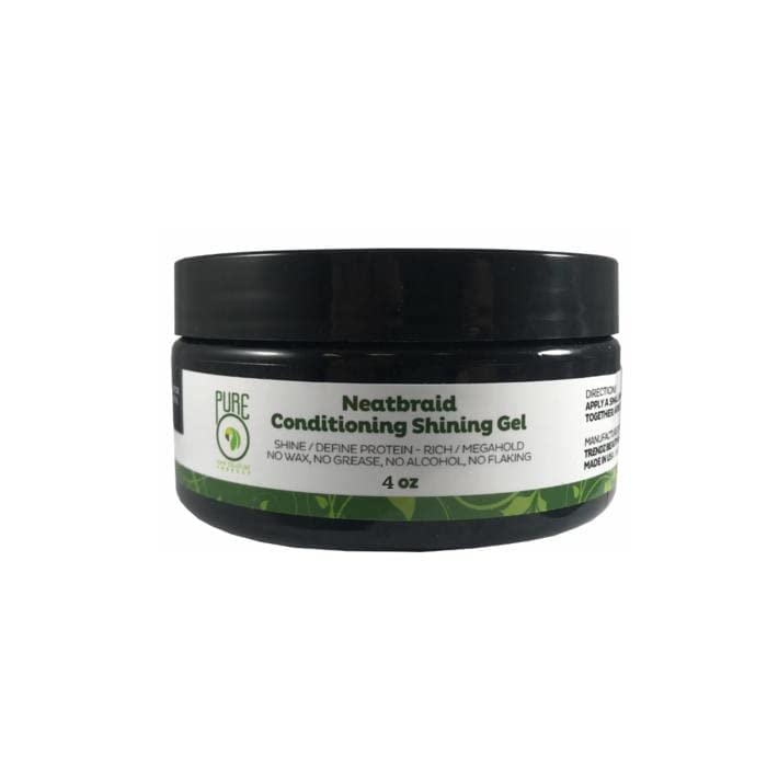 A jar of PureO Neatbraid Conditioning Shining Gel, 4 oz, with a label that includes product information and branding.