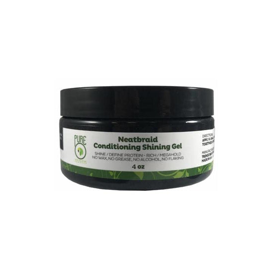 A jar of PureO Neatbraid Conditioning Shining Gel, 4 oz, with a label that includes product information and branding.