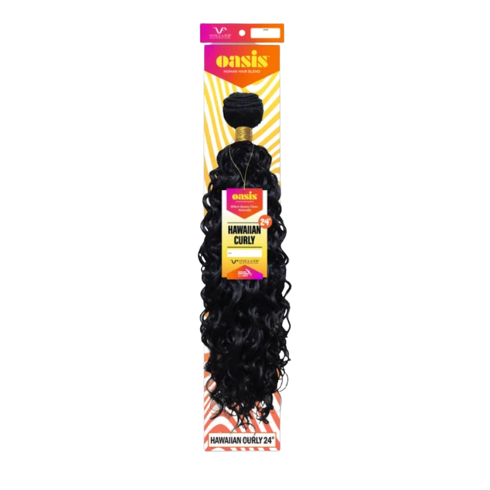 Oasis Hawaiian Curly 24-inch hair weft bundle in its retail packaging, featuring black curly hair on a yellow and orange striped card.