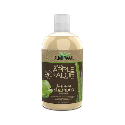Taliah Waajid Green Apple & Aloe Nutrition Shampoo 12oz bottle with curl-friendly formula for gentle, nourishing cleanse