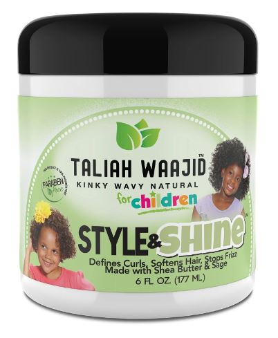 Taliah Waajid Kids Herbal Style & Shine for Natural Hair in a 6oz container, featuring an image of a child with defined curls and waves.
