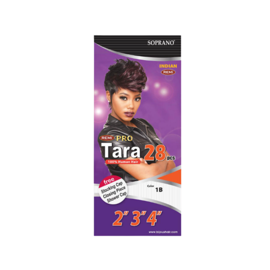 Soprano Tara 28 hair product packaging with a model on a purple background