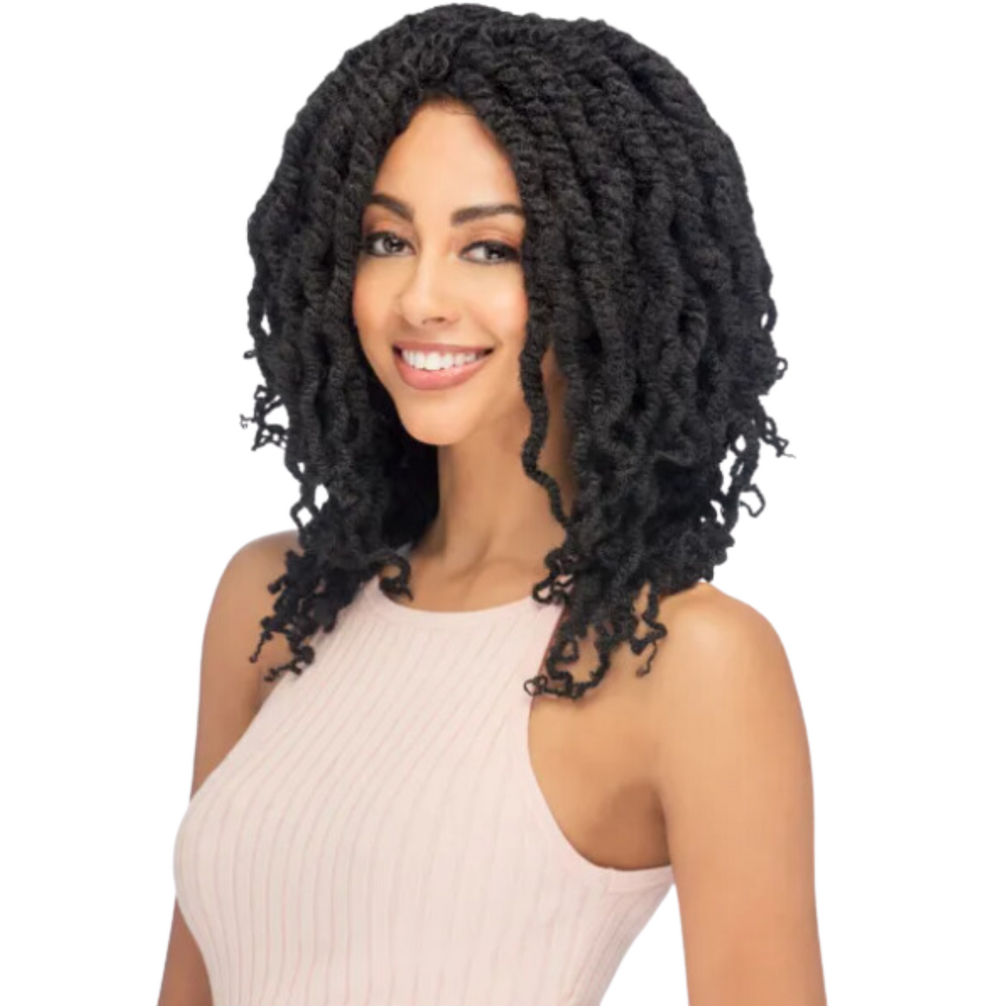 Model wearing Vivica Fox Collection Kinky Bulk Human Hair in 99J burgundy shade for a natural, voluminous style