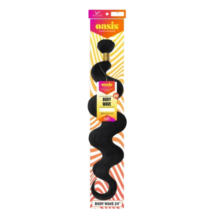 Oasis Brand Body Wave hair extension bundle, 24 inches, packaged on a white and orange striped cardboard backing with a yellow and orange logo header.
