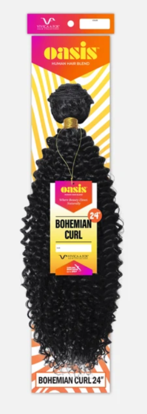 Oasis Bohemian Curl 24-inch hair weft bundle packaging, featuring black curly hair on a yellow and orange striped card.