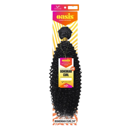 Oasis Bohemian Curl 24-inch hair extension bundle in its retail packaging, featuring black curly hair on a yellow and orange striped card.