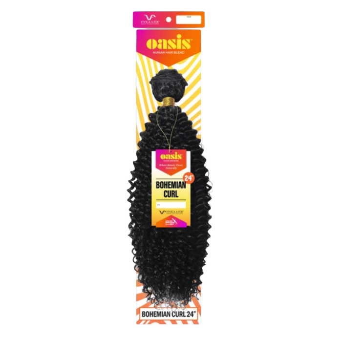 Oasis Bohemian Curl 24-inch hair extension bundle in its retail packaging, featuring black curly hair on a yellow and orange striped card.