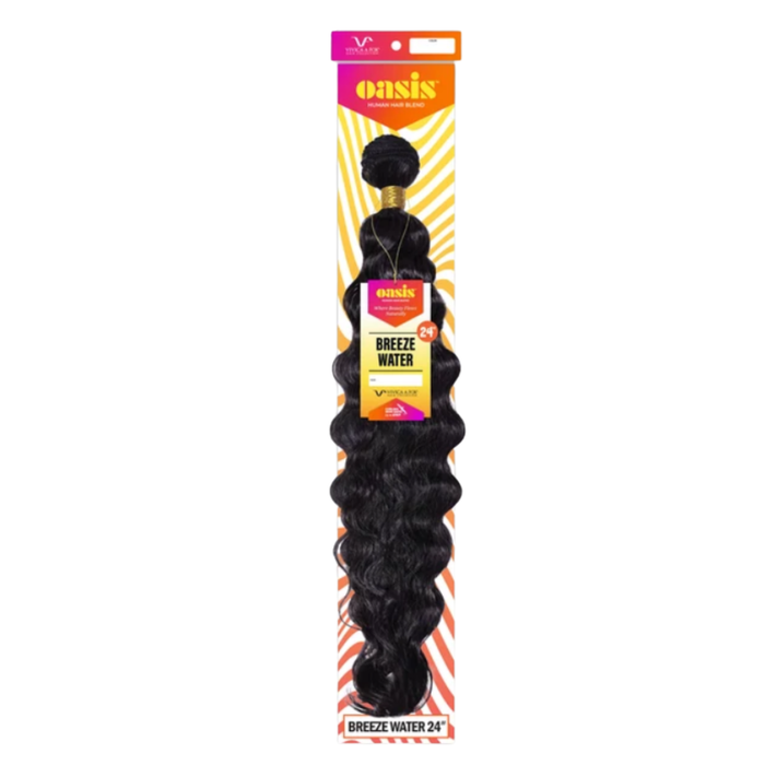 Oasis Breeze Water 24-inch black body wave hair extensions in retail packaging, shown against a plain white background.