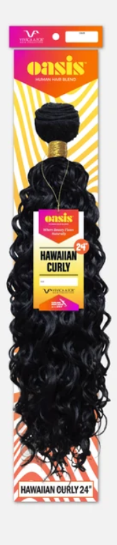 Oasis Hawaiian Curly 24-inch hair extensions in a vacuum-sealed retail package, featuring three black curly hair bundles with a gold band and a colorful orange, yellow, and white cardboard header.