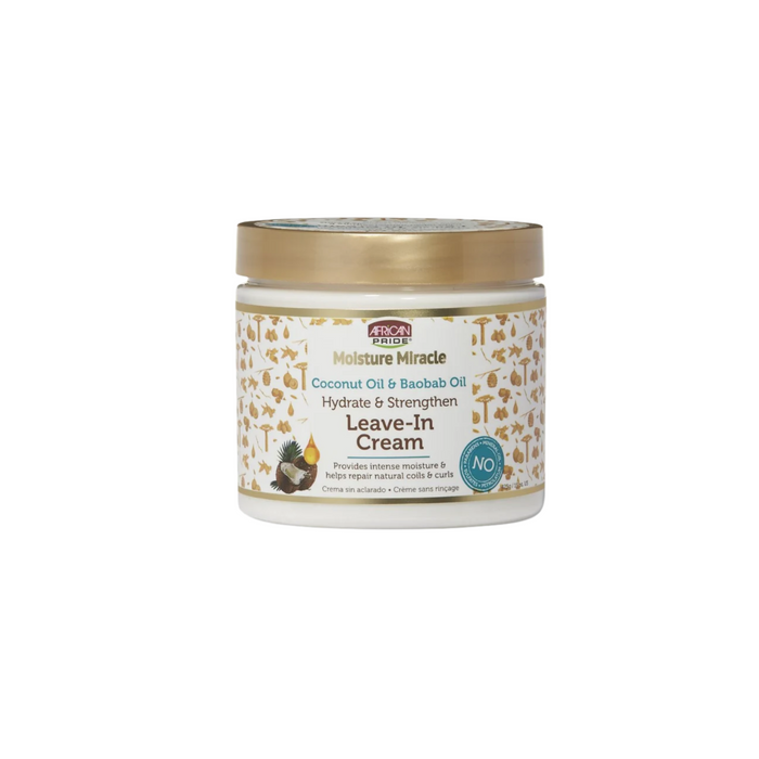 African Pride Moisture Miracle Leave-In 15 oz conditioning cream jar with Coconut Oil and Baobab Oil 