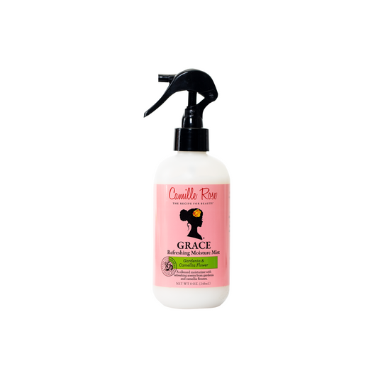 Camille Rose Grace Refreshing Moisture Mist – A lightweight, botanical mist infused with aloe vera and coconut water to hydrate, refresh, and smooth curls