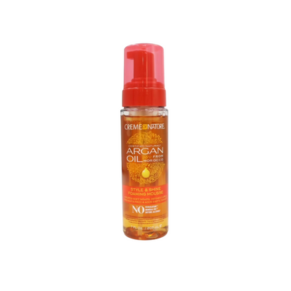 Creme of Nature Argan Oil Style & Shine Mousse – A lightweight styling foam that delivers soft hold, frizz control, and shine with Moroccan Argan Oil.