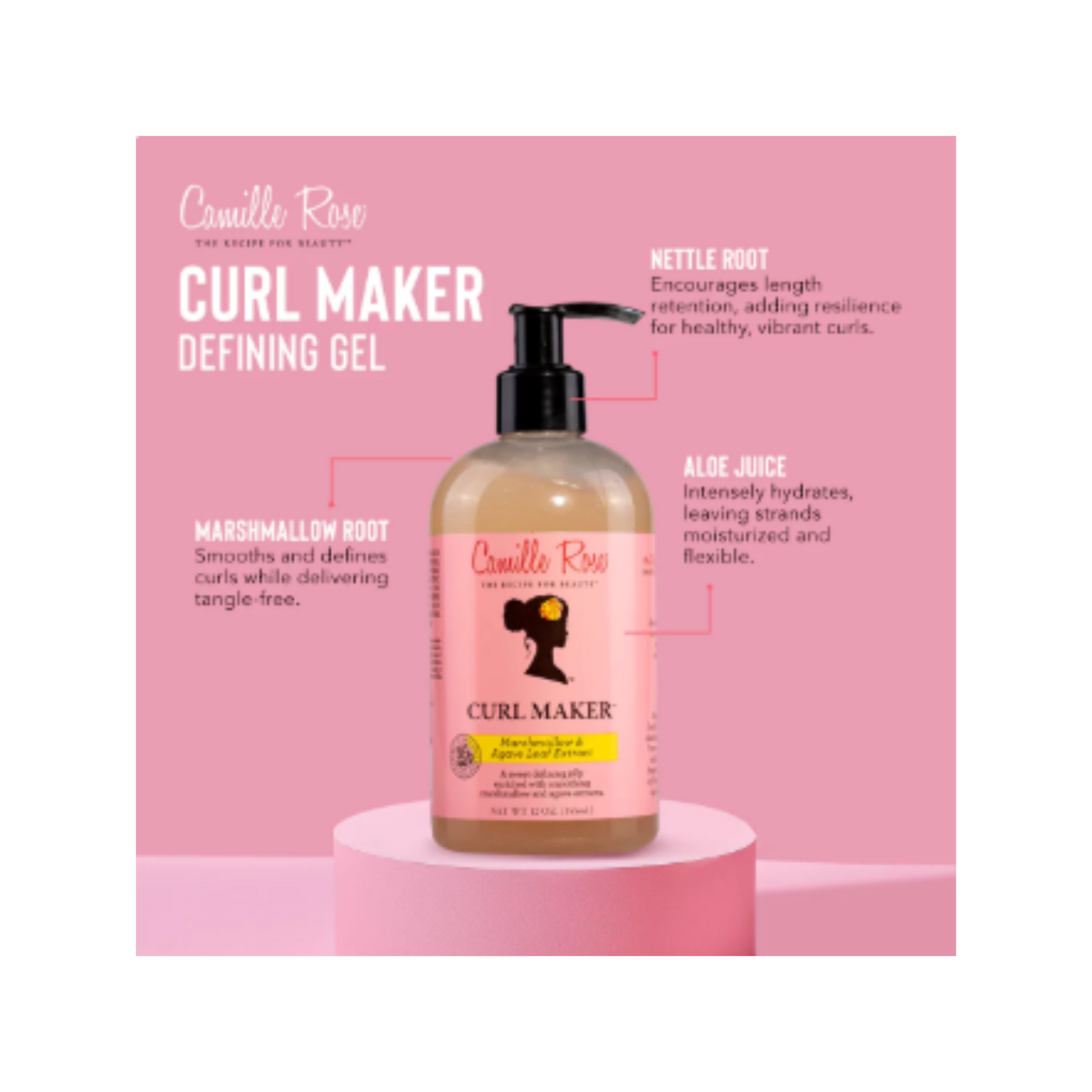 Camille Rose Curl Maker – A botanical-infused styling gel with marshmallow root and agave nectar for defined, frizz-free curls with soft hold and shine.