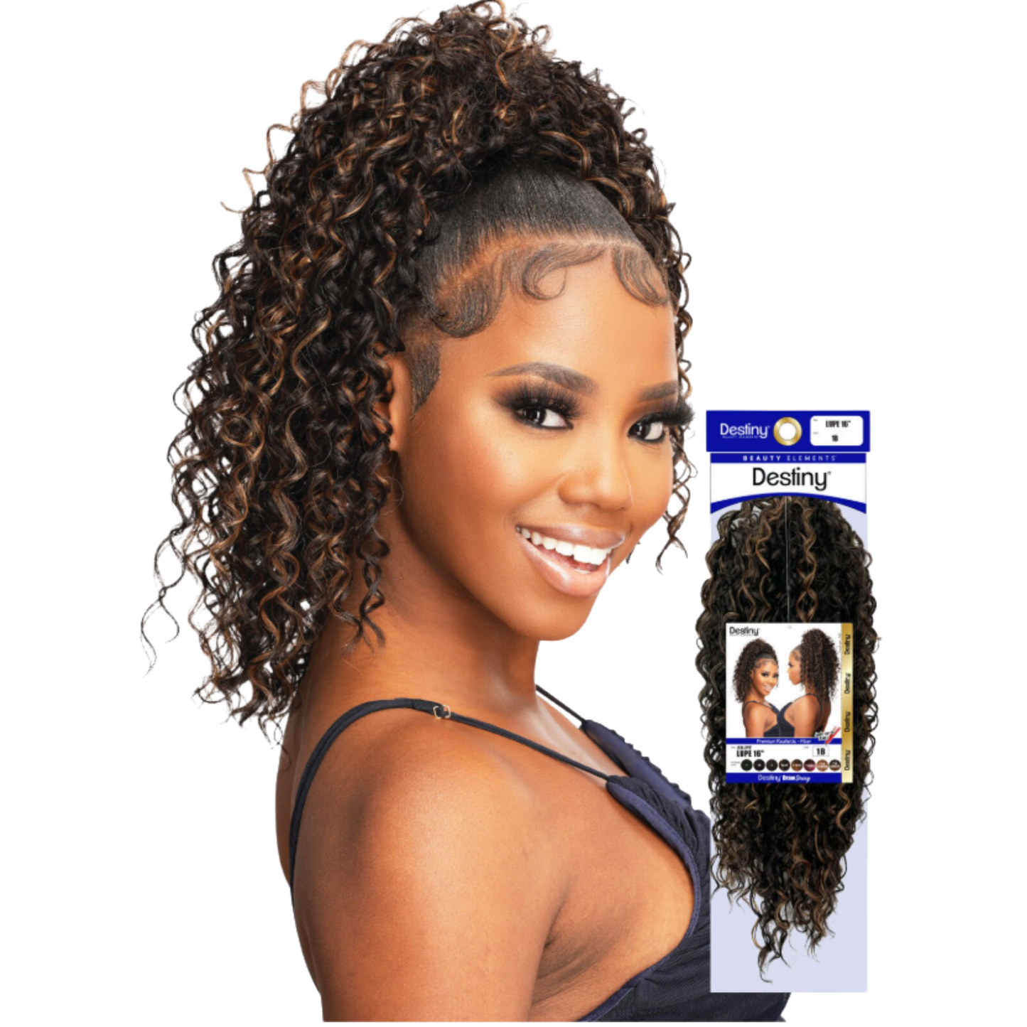 Destiny Drawstring Ponytail Lupe 16 inch curly synthetic ponytail with natural finish
