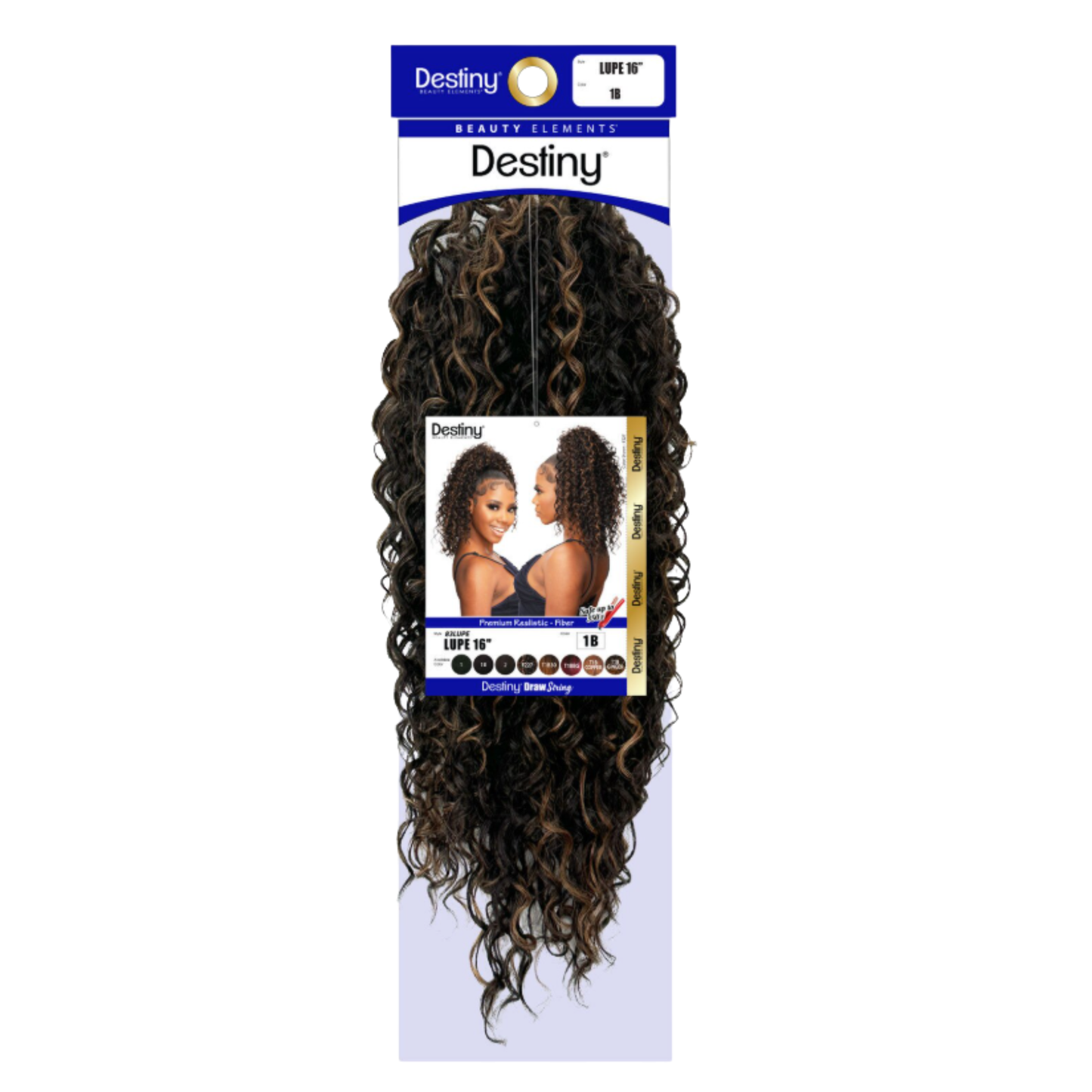 Destiny Drawstring Ponytail Lupe 16 inch curly synthetic ponytail with natural finish