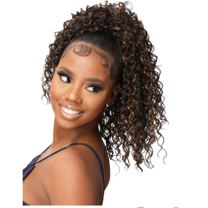 Destiny Drawstring Ponytail Lupe 16 inch curly synthetic ponytail with natural finish