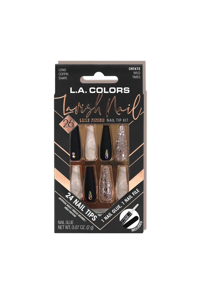 LA Colors WILD TIMES Long Coffin Nail Kit – 24 designer flex-tip nails with nail glue and file for easy application.
