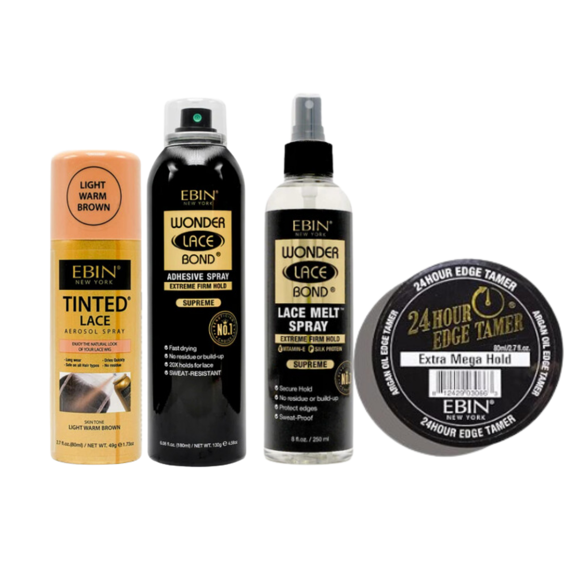 EBIN Ultimate Lace & Edge Bundle – Includes Wonder Bond Lace Glue, Lace Melt Spray (8oz), Tinted Lace Spray (Light Warm Brown), and Edge Control for a flawless lace install.