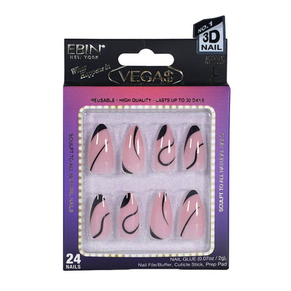Ebin What Happens in Vegas press-on nails with casino-themed designs including roulette, neon signs, and slot machine art