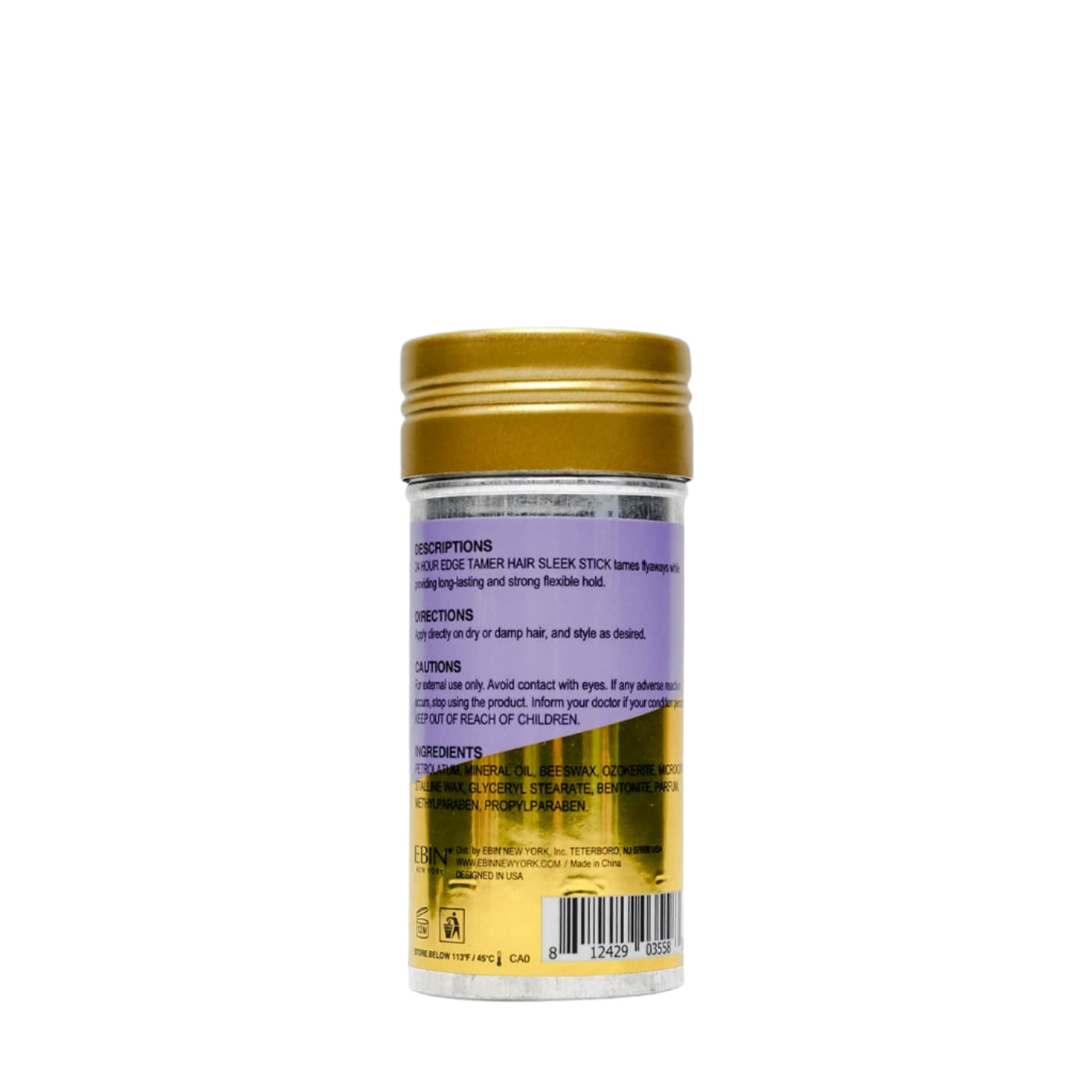 Ebin 24 Hour Edge Tamer Sleek Hair Wax Stick in Original, 2.7oz stick shown upright with cap on.







