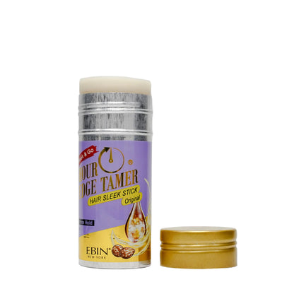 Ebin 24 Hour Edge Tamer Sleek Hair Wax Stick in Original, 2.7oz stick shown upright with cap off.







