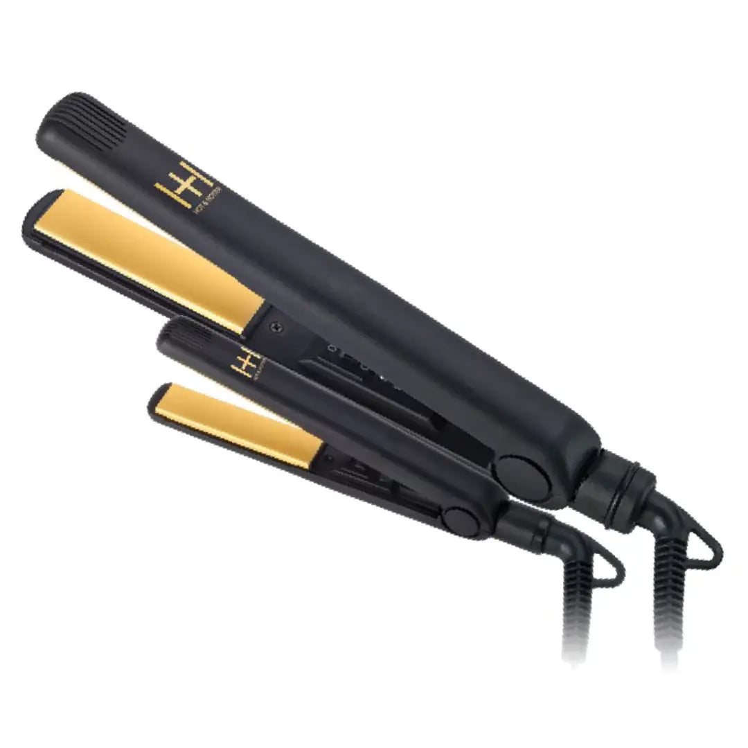 Hot & Hotter Gold Ceramic Flat Iron 2-in-1 Combo with full-size and travel-size flat irons