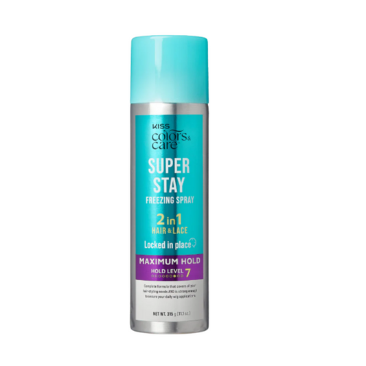 Kiss Colors & Care 2-in-1 Freezing Spray Maximum Hold 11oz – Strong hold, fast-drying, humidity-resistant hair spray for styling and lace wigs.